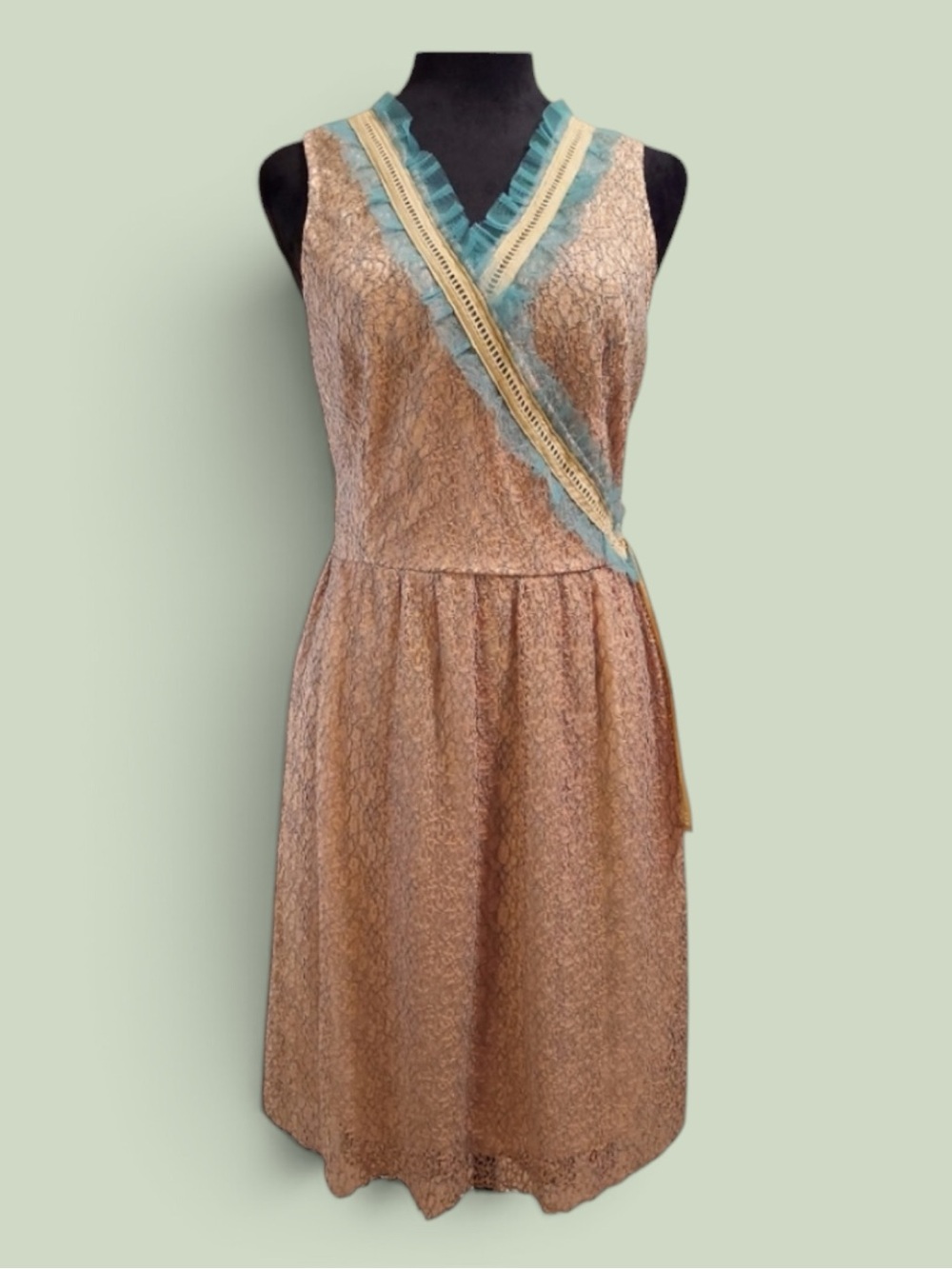 Young Essence Lace Dress Tan Blue Faux Wrap V Neck Ruffle Dress Cottagecore L